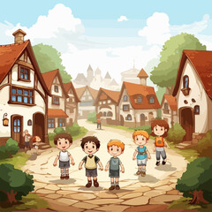 Charming Village View with Happy Kids Playing on a White Fence