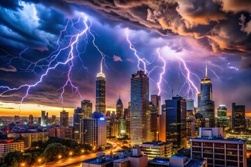 Fototapeta premium Stunning Architectural Photography Capturing Dramatic Lightning Strikes Over Urban Skylines, Showcasing the Intersection of Nature and Man-Made Structures in High-Resolution Imagery