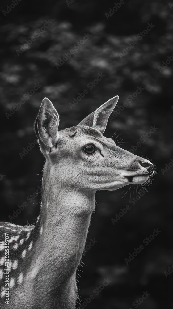 Poster a close-up of a deer in black and white, showcasing its delicate features and expression.