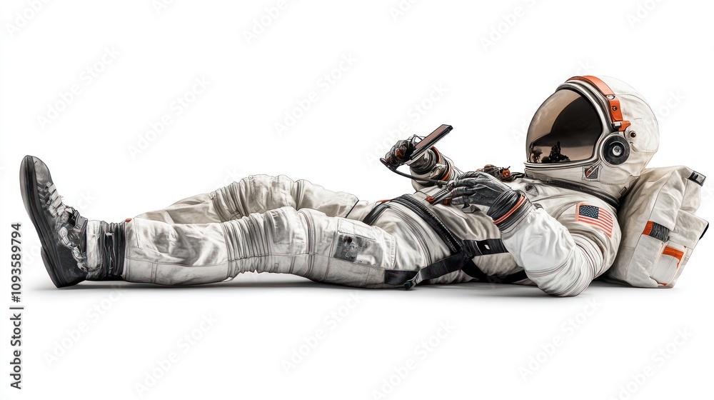 Poster an astronaut lying down, using a smartphone in a space suit.