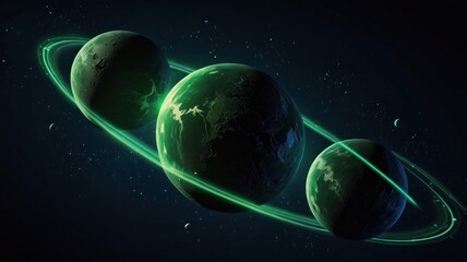 Obraz premium Three lush green exoplanets orbit each other in a vibrant nebula.