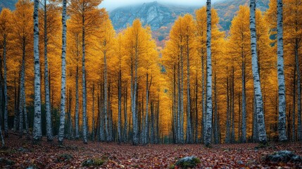 Fototapeta premium Majestic Autumn Forest with Vibrant Yellow Leaves and Tall Trees in a Serene Landscape Surrounded by Rocky Mountains and Soft Mist in the Background