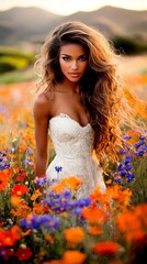 A woman in a wedding dress standing in a field of flowers