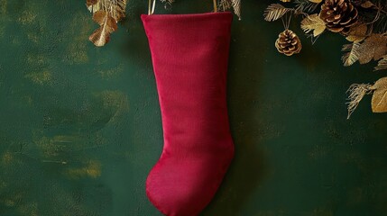 Oversized ruby red stocking hanging against a forest green backdrop, with gold leaf and mocha brown accents --ar 16:9 --no noise --q 2 --v 6.1 - Image #1 @Saad Ul Haq