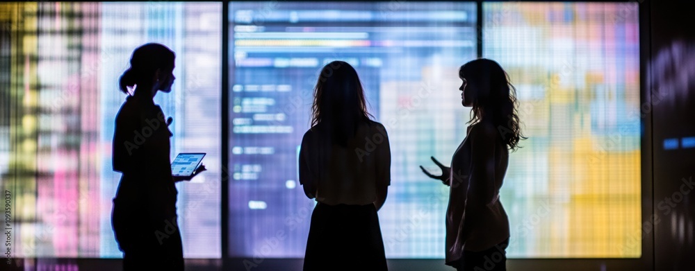 Aufkleber silhouettes of three women discussing in front of a colorful digital display.