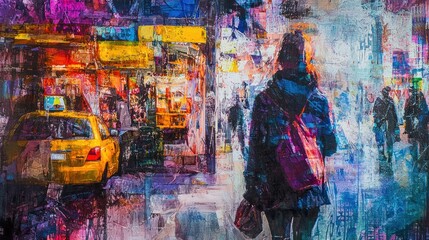 Fototapeta premium Abstract painting of a city street with a person walking.