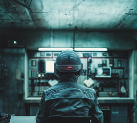 View of an old computer console with a government soldier wearing a helmet sitting on a chair monitoring the connections in a secret underground bunker.