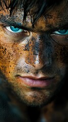  A close up of a man's face covered in mud