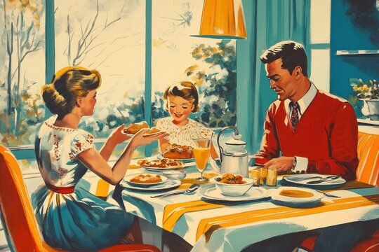 Family enjoys breakfast in 1960s home. Mother serves food to daughter. Father present at table. Sunny day. Retro style interior. Peaceful, happy scene. Poster art style. Ideal for retro themes 1960s