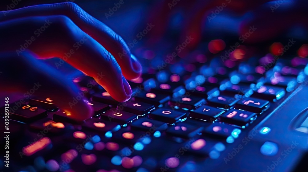 Wall mural close-up of hands typing on illuminated keyboard.