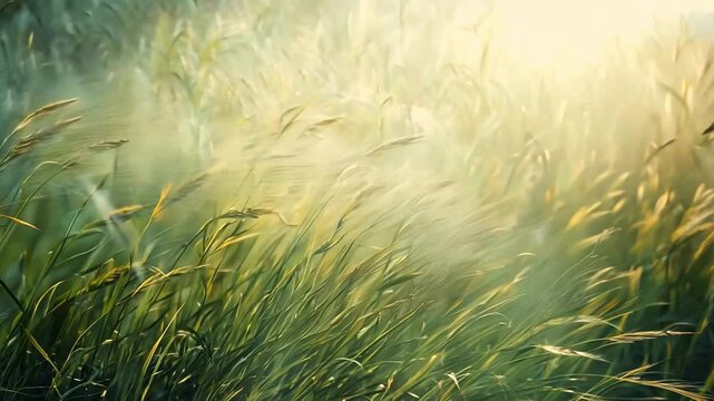 A soft breeze rustles tall grass blades on a misty morning, Whispers of wind rustling the grass