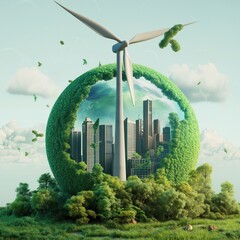 Green sphere protects city landscape. Wind turbine stands above. Eco-friendly city concept. Sustainable urban plan. Sustainable future. Green earth. Urban eco design. Natural energy. Clean energy