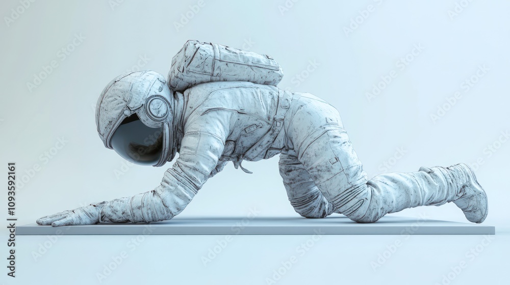 Poster a stylized astronaut figure in a crawling position, rendered in a minimalist design.