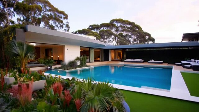 A luxurious mansion with a contemporary backyard featuring a stunning swimming pool, surrounded by manicured gardens and sleek outdoor lounge areas.