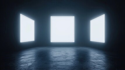 Three Illuminated Panels In A Dark Room