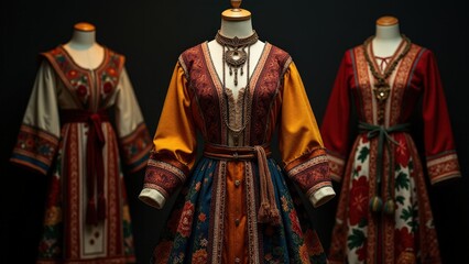 Obraz premium A stunning folklore outfit showcased in a modern studio, featuring rich fabrics and ornate patterns, with dramatic lighting enhancing the cultural craftsmanship.