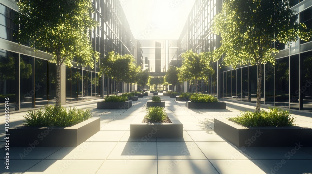 Aufkleber a modern courtyard with trees and greenery amidst glass buildings, creating a serene atmosphere.