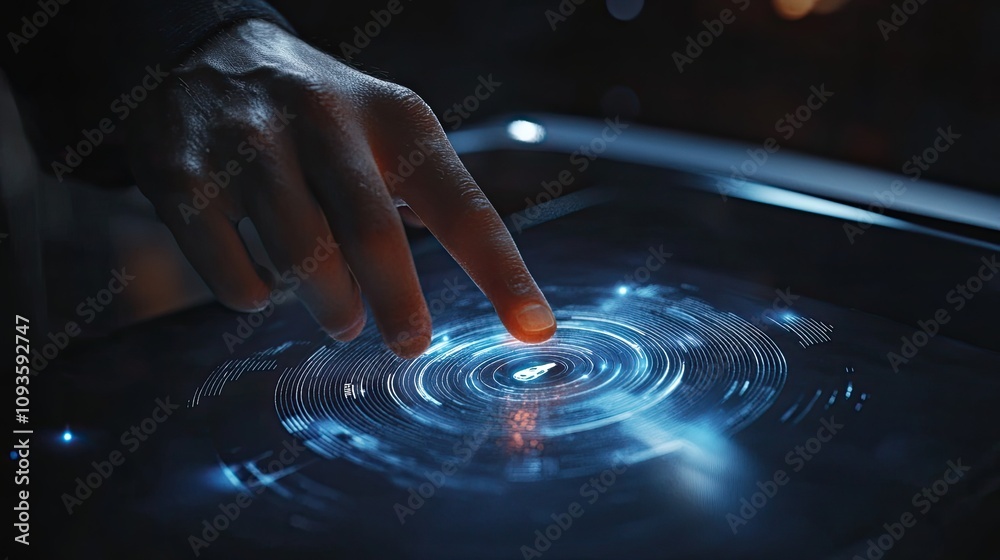 Canvas Prints finger interacting with futuristic touchscreen interface.
