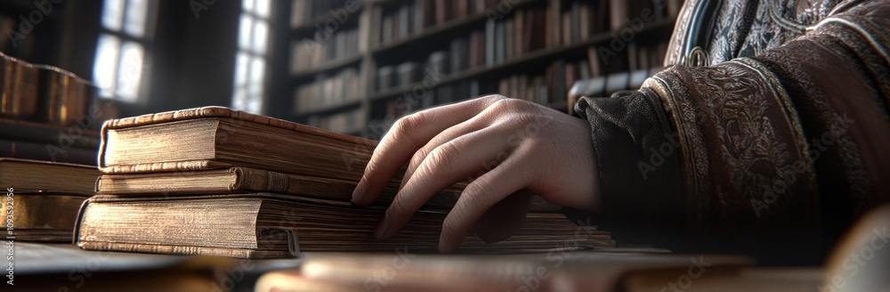 Aufkleber A hand rests on stacked books in a library setting, emphasizing knowledge and learning.