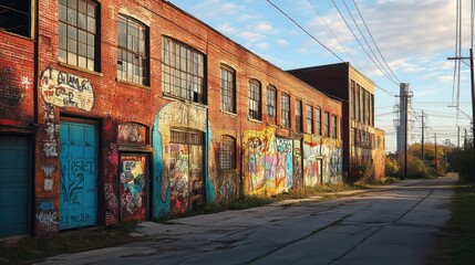 Urban Graffiti Alley: Sunlit Brick Buildings and Vibrant Street Art