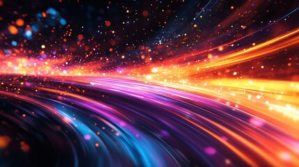 A vibrant, colorful assortment of light trails in motion creating an abstract visual that suggests speed and fluidity, like stars racing through space.