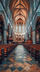 Obraz premium Majestic Gothic cathedral interior with vaulted ceiling and checkered floor. Empty medieval church with wooden pews and stained glass windows. Religious architecture and sacred space for worship