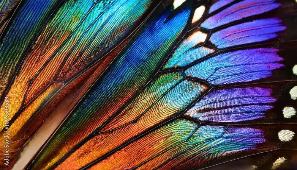 Poster close-up of a vibrant butterfly wing showcasing iridescent scales. exploring the science of structur