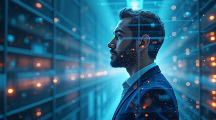  A double exposure illustration of a business leader looking towards the future, with a mix of cloud data center infrastructure and AI technology patterns overlaid 
