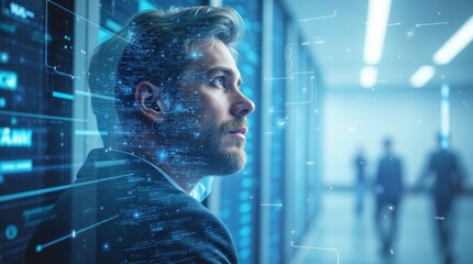  A double exposure illustration of a business leader looking towards the future, with a mix of cloud data center infrastructure and AI technology patterns overlaid 