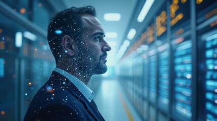  A double exposure illustration of a business leader looking towards the future, with a mix of cloud data center infrastructure and AI technology patterns overlaid 
