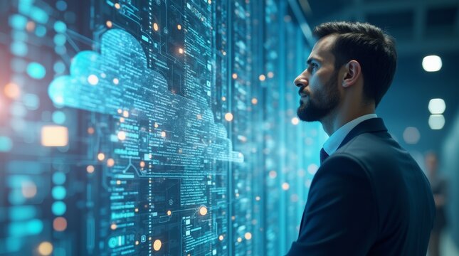  A double exposure illustration of a business leader looking towards the future, with a mix of cloud data center infrastructure and AI technology patterns overlaid 