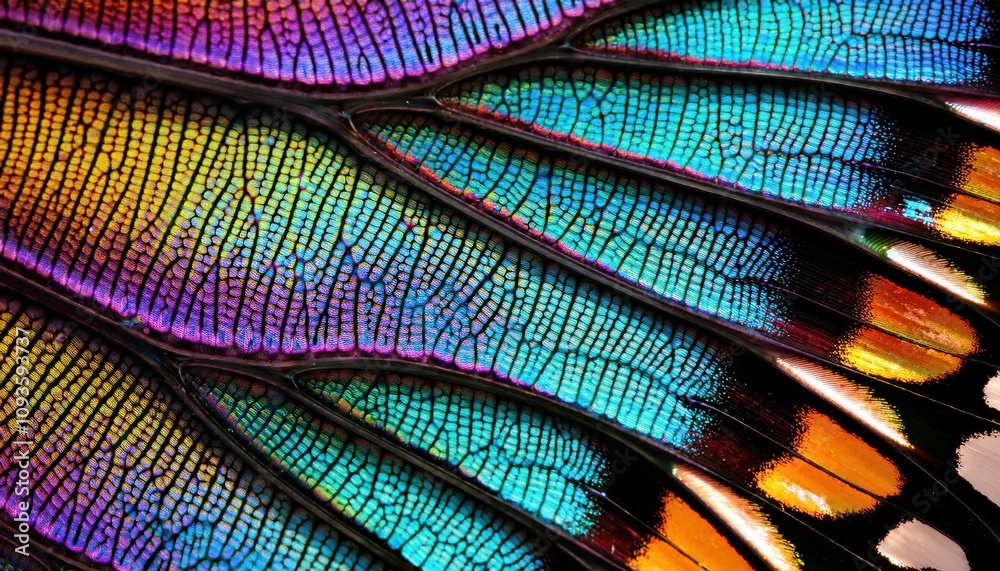 Poster close-up of a vibrant butterfly wing showcasing iridescent scales. exploring the science of structur