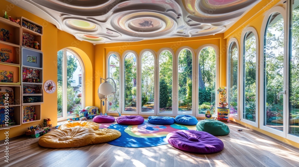 Aufkleber A vibrant playroom with colorful cushions and large windows, designed for creativity and fun.