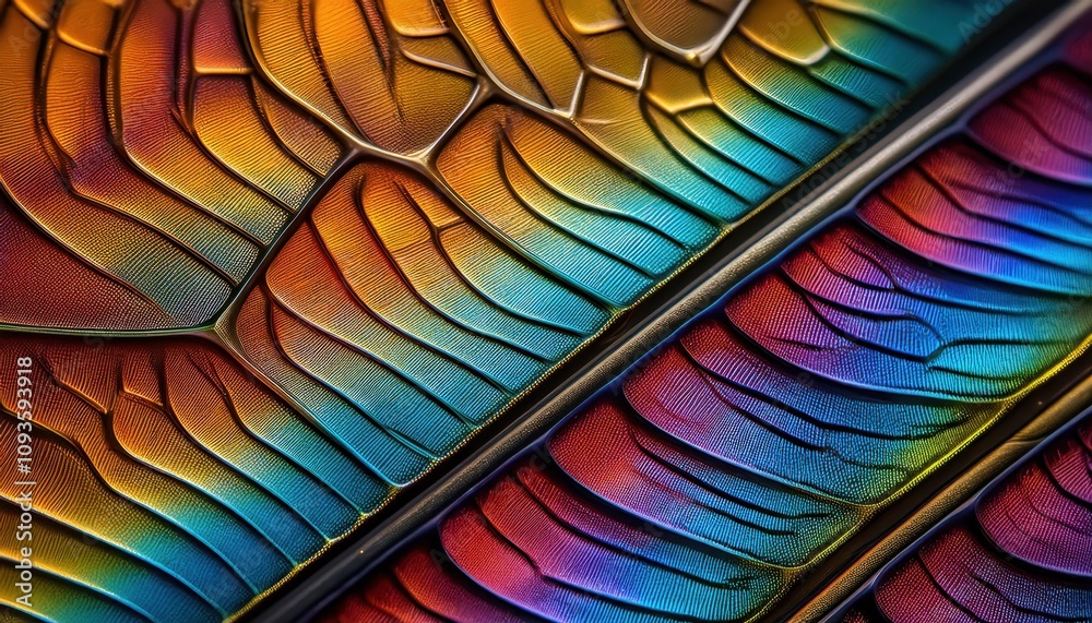 Poster close-up of a vibrant butterfly wing showcasing iridescent scales. exploring the science of structur