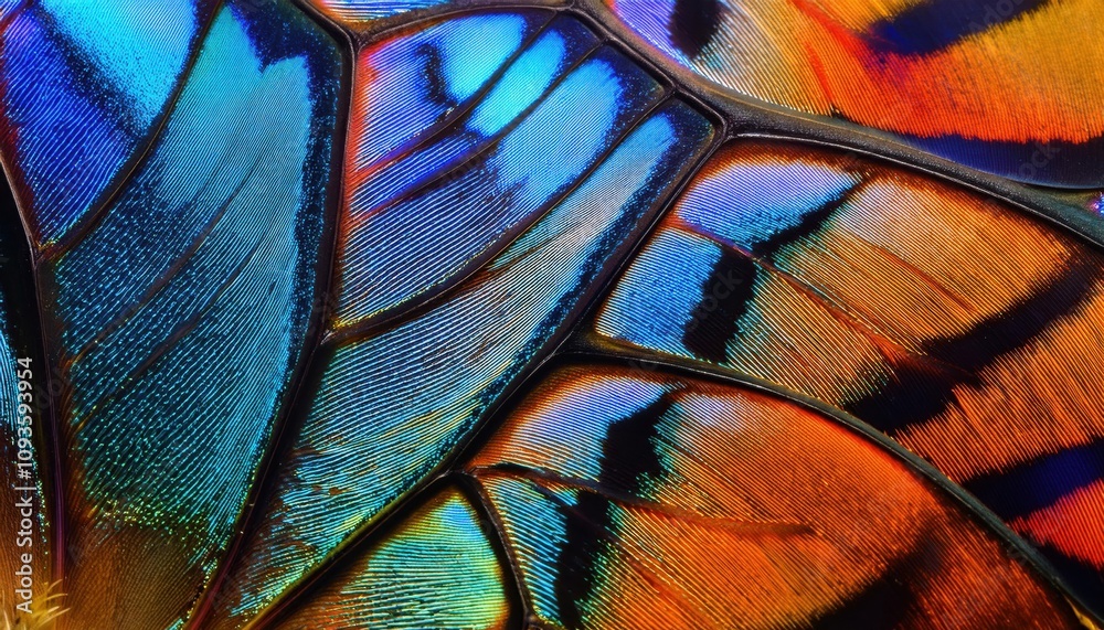 Poster close-up of a vibrant butterfly wing showcasing iridescent scales. exploring the science of structur