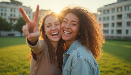 Two radiant women stand together in a sunlit park, their faces glowing with joy as they flash peace signs and wide smiles. The golden sunlight bathes the scene, highlighting their carefree spirits and