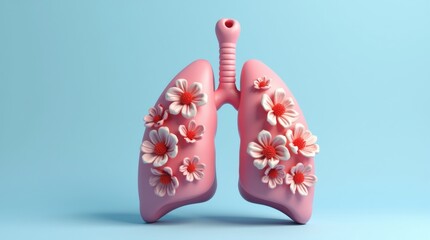Human lungs with flowers, pastel colors, on blue background, 3d render and illustration	