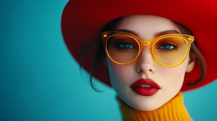 A fashion-forward portrait of a woman wearing an eye-catching red wide-brimmed hat and yellow sunglasses, exuding confidence and bold style against a blue backdrop. © Joachim