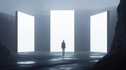 Obraz premium Solitary Figure Contemplates Luminous Panels In A Surreal Landscape