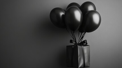 A minimalist, stylish black gift box is adorned with black balloons, set against a dark wall, conveying a sense of elegance, mystery, and celebration.