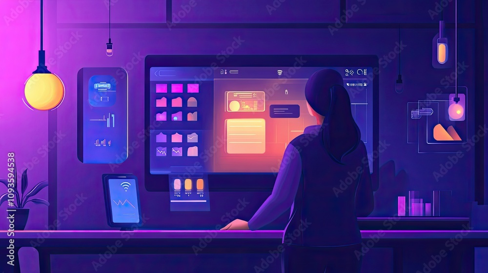 Canvas Prints woman working late at night on computer, analyzing data on screen.