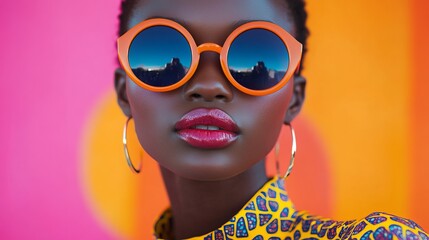 A stylish woman wearing vivid orange sunglasses poses against a strikingly colorful and bright backdrop, showcasing modern fashion and bold expression.