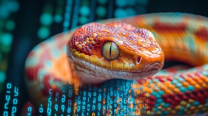 Fototapeta premium A captivating vibrant snake is intertwined with lines of digital code, presenting a blend of natural beauty and futuristic technology intrigue, highlighting complexity.