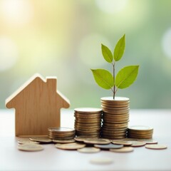 The concept of a house and property tax. Interest on property, debt repayment, property tax, mortgage. A stack of coins with a wooden house, a concept