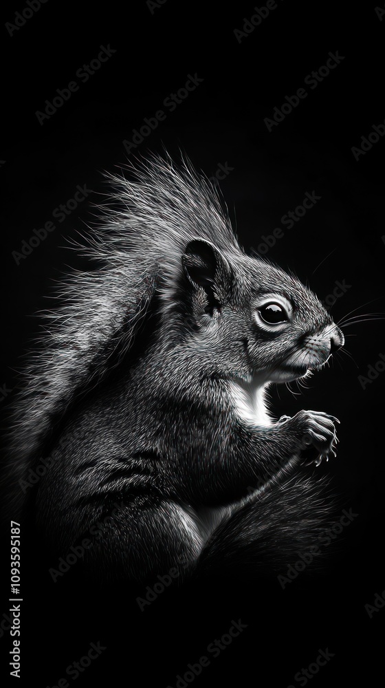 Poster A striking black-and-white portrait of a squirrel showcasing its features and texture.