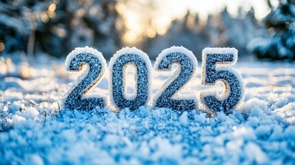 Ice-covered numerical '2025' standing amidst a serene snowy landscape, capturing the essence of a frosty winter morning with a soft glow in the background.