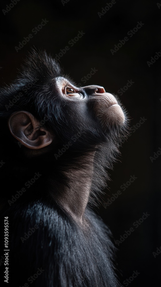 Poster a close-up portrait of a monkey gazing upward, showcasing its expressive features.