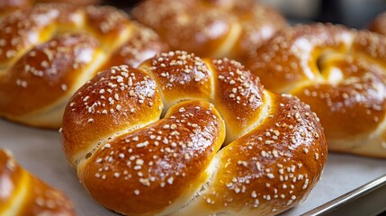 Freshly baked golden pretzels are displayed, their surfaces sprinkled generously with coarse sea salt, offering a tempting and appetizing bakery delight.