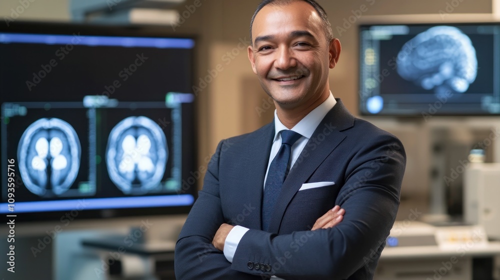 Aufkleber a professional in a suit stands confidently in a medical setting with brain scans in the background.