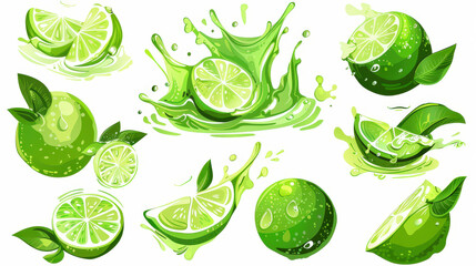 painting set of green limes splashing on white background